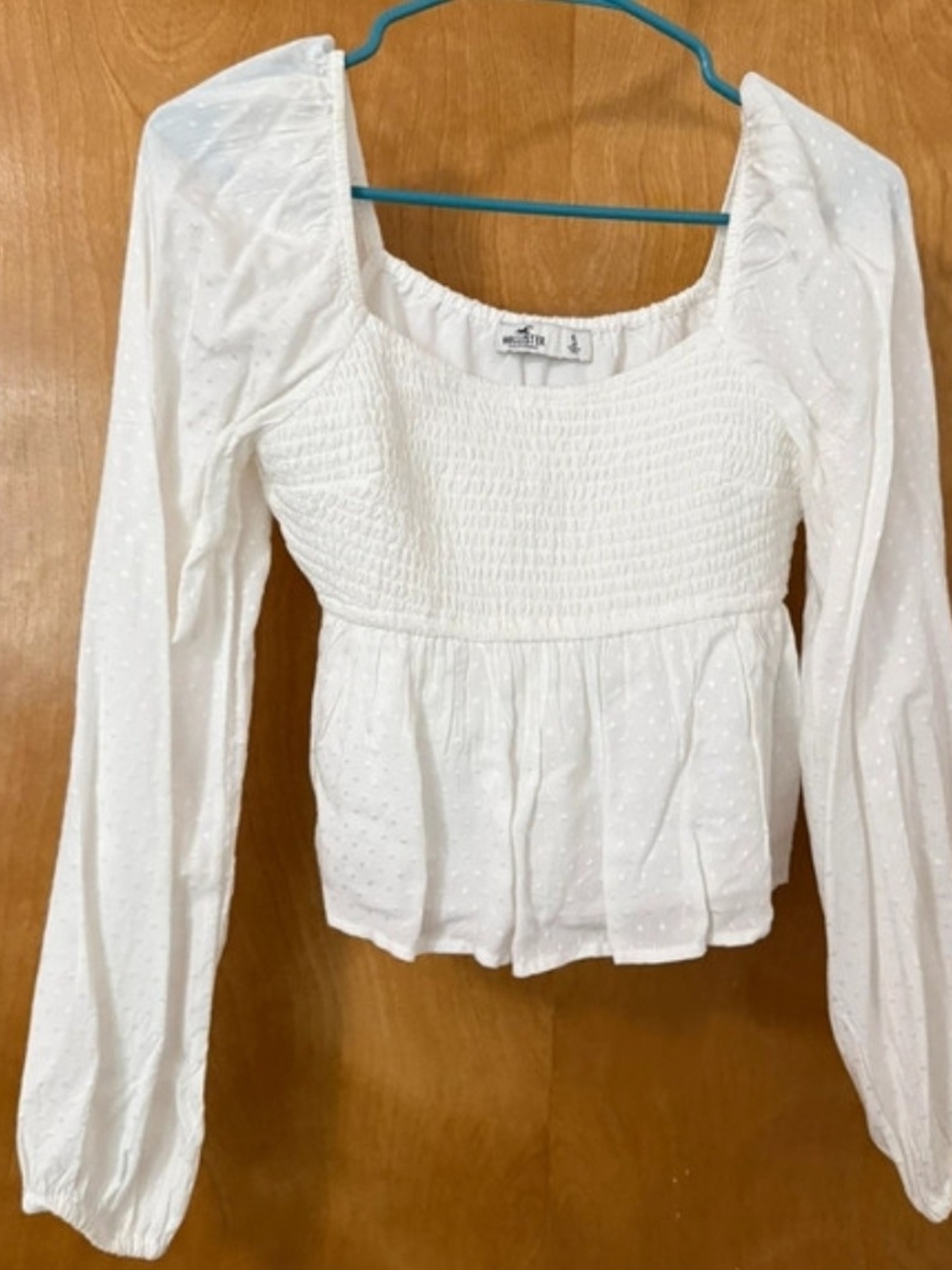 Hollister White Smocked Peasant Blouse with Puff Sleeves